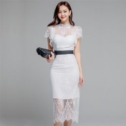 Lace Korea Dress for women Summer White Black Short Sleeve Stand hollow out Sexy Ladies Office bodycon Dresses 210602