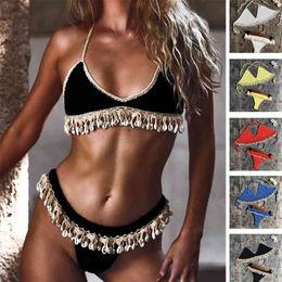 Crochet Bikini Set Shell Tassels Brazilian Swimsuit Women Halter Swimwear Strappy s Free 210712