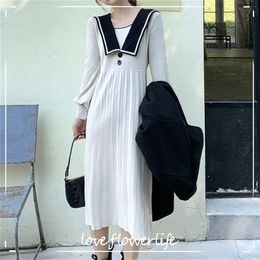 Winter Knitted Dress Women Design Sailor Collar Elegant Office Sweater Dress Female Dress Korean Autumn 210521