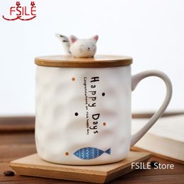 360ml Japanese Cute Ceramic Cat Coffee Mug with Lid Spoon Business Office Water Student Breakfast Milk Couple Gift Cup