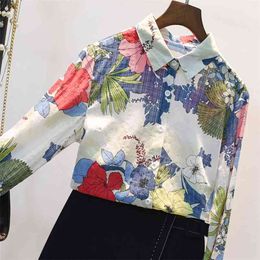 Autumn Fashion Women Long Sleeve Loose Shirts Turn-down Collar Vintage Flower Print Blouse Plus Size Cotton Female Tops D507 210512