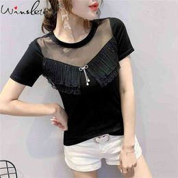 Summer Korean Style T-Shirt Fashion Sexy Transparent Ruffles Shiny Diamonds Women Bow Tops Short Sleeve Cotton Tees T14716A 210421