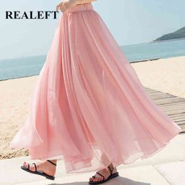 Summer Chiffon Bohemian Women's Long Skirts High Waist Solid 14 Colors Loose Female Beach Maxi Umbrella 210428