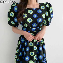 Korejpaa Women Dress Summer Korean Fashion Chic Retro Elegant Print Slim High Waist Flower Casual Long Dresses Famale 210526