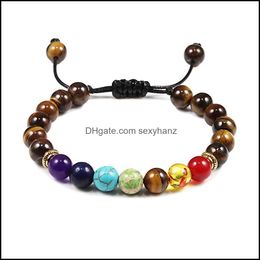 Beaded, Strands 7 Chakra Bead Natural Bracelet For Women Men Healing Nce Tiger Eye Stone Black Lava Bracelets Yoga Jewellery Adjustable Drop D