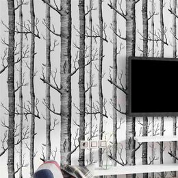 Rustic Wood Grain Not self-adhesive Wallpaper Black White Birch Tree Forest Wall Stickers Contact Paper Branches Trunk Wallpaper 210722