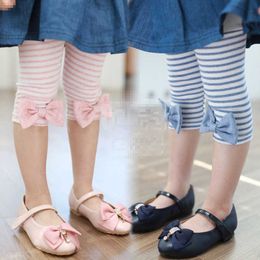 Summer 2 3 4 5 6 8 9 10 Years Old Children Birthday Capris Patchwork Kids Girls Bow Striped Half Knee Length Leggings 210701