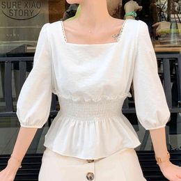 Square Collar Sweet Summer Blouse Lace Shirt Women Fashion Chiffon White Ladies Tops Half Lantern Sleeve Blusas 9055 50 210417