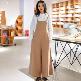 Johnature Women Korean Style Jumpsuits Solid Color Sleeveless Linen Clothes Summer Patchwork Pockets Loose Jumpsuits 210521