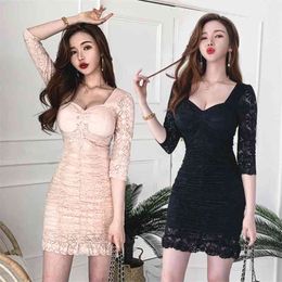 Pink lace Dress Korea Ladies Sexy club half Sleeve V neck Office Party Dresses for women SUmmer Clothing 210602