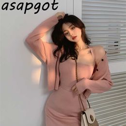 Sexy Tight Lace Up Sleeveless Halter Spaghetti Strap Knitted Dress Lady Fashion Chic Korean Pink Cardigan Sweater Coat 211106