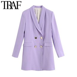 TRAF Women Fashion Office Wear Double Breasted Blazer Coat Vintage Long Sleeve Flap Pockets Female Outerwear Chic Tops 211019