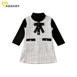 18m-7Y Autumn Winter Toddler Kid Girls Dress Fashion Plaid Long Sleeve Bow Party Dresses For Children Costumes 210515