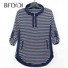 BFDADI sale Plus size Autumn Long T-Shirts Women Casual Stripe Loose Stand-up collar rolled edge design Tees Tops 4440 210720