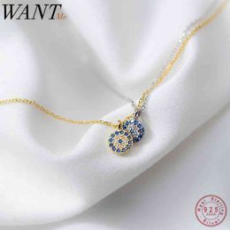 WANTME Fashion Round Geometric Blue Evil Eyes Pendant Necklace For Women Genuine 100% 925 Sterling Silver Office Party Jewelry 210507