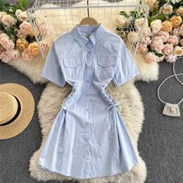 Women's Shirt Dress Summer Short Sleeve Turn-down Collar Lace-up Bandage Slim Mini Single Breasted Casual Female es 210603