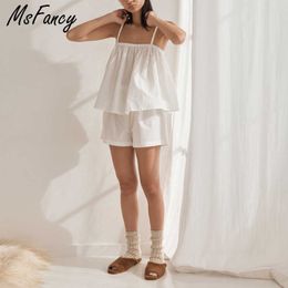 Msfancy Summer Short Sets Women Cotton Sleeveless Camisole Elastic Waist Shorts 2 Pieces Pajamas Mujer Casual Sets 210604