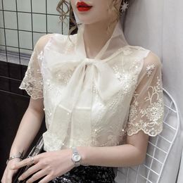 organza blouses women Australia - Women's Blouses & Shirts Short-sleeved White Shirt Summer Fashion Embroidered Beaded Tops Organza Gauze Stitching Bow-knot Women Blouse