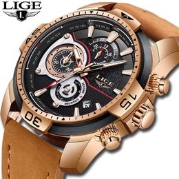 Men Watches LIGE Fashion Chronograph Casual Leather Automatic Date Quartz Clock Men Top Waterproof Sport Watch Relogio Masculino 210527