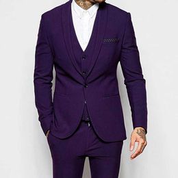 Slim fit Purple Casual Suits for Men 3 piece Groomsmen Tuxedo with Shawl Lapel Man Fashion Costume Wedding Set Jacket Vest Pants X0909