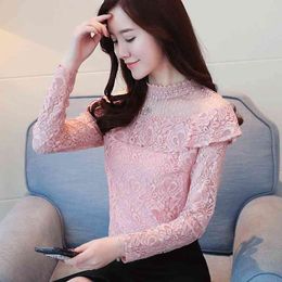 Women's Tops Spring Winter Blouses Ladies Pink black Hollow Out Three Quarter Length Sleeve Ruffle Lace Blouse 683E 210420