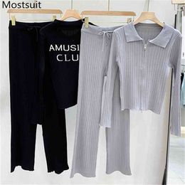 Fashion Letters Knitted Two Piece Pants Set Women Zip-up Tops + Wide Leg Outfits Solid Slim High Stretch Streetwear 210513