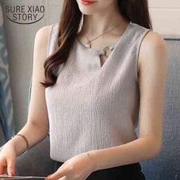 Sleeveless Chiffon Blouse Shirt Solid Tops Blusas O-neck Sweet Women Clothing OL Fashion Lady Blouses 0266 40 210415