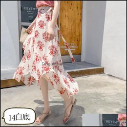 Skirts Womens Clothing Apparel Irregar Woman Chiffon Skirt Floral Printed Open Stitch Beach Sash Waisted Summer Long Travel Drop Delivery 20