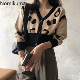 Nomikuma Korean Leopard Patchwork Short Sweater Coat Autumn Long Sleeve V-neck Knitted Cardigan Causal Women Knitwear 6C977 210427