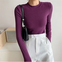 Female Cotton All Match Solid Basic Women Autumn Brief Warm Tops Minimalist Slim Full Sleeves Plus Size T-Shirts 210421