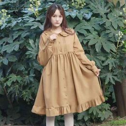 Japanese Style Mori Girl Kawaii Peter Pan Collar Petal Sleeve Button A-Line Ruffle Dress Lolita Sweet Vintage Casual Loose 210520