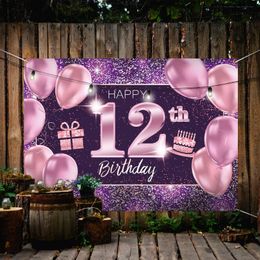 Party Decoration Happy 12th Birthday Banner Backdrop - 12 Decorations Supplies For Girl Pink Purple Gold