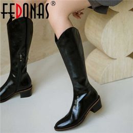 Concise Designer Knee High Boots Wide Leg Genuine Leather Zipper Thick Heels Women's Shoes Wedding Basic Winter 210528