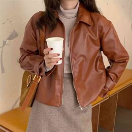 Spring Women Vintage Chic Faux Leather Jacket Brown PU Jackets Female Elegant Loose Short Zipper Overcoat 210430