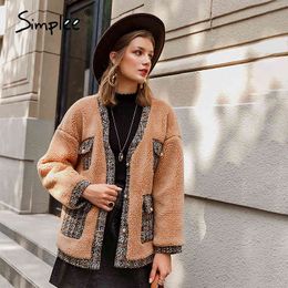 Elegant light orange autumn winter Split v-neck pocket women overcoat Vintage pearl button female fur coat 210414