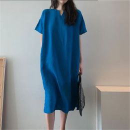 Women Blue Big Size Casual Solid Long Dress Round Neck Short Sleeve Loose Fit Fashion Spring Summer 2F0465 210510