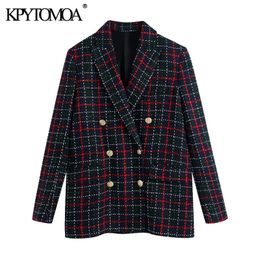Women Fashion With Metal Button Tweed Check Blazer Coat Vintage Long Sleeve Pockets Female Outerwear Chic Veste 210416