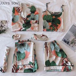 JULY'S SONG Women Pyjamas Set 7 Pieces Satin Stripes Faux Silk Printing For Woman Spring Summer Sleepwear Homewear 210830