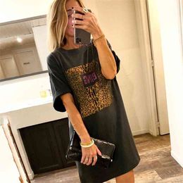 Vintage Women Tee Dress Letter Leopard Print Long T-shirt 100% Cotton Round Neck Shirt Short Sleeve Summer Shirt Oversize Tops 210401