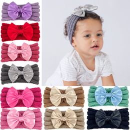 New Wool Knitted Headband for Baby Autumn Winter Girls Satin Bow Elastic Hair Bands Kids Head Wraps Hair Accessories