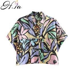 HSA camisas de mujer Women Turn Down Collar Floral Graffti Casual Streetwear Boyfriend Chic Style Summer Blouse and Shirts 210417