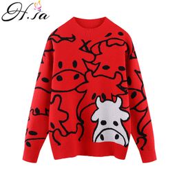 H.SA Cartoon Cute and Pullovers Long Sleeve Oversized Chic Jumpers Cows Kawaii Sweater for Women Pull 210417