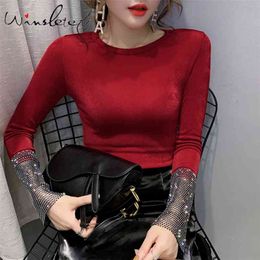 Red T-shirt Spring Cotton Solid Diamond Cuff Patchwork Tops For Women Long Sleeve Plus Size S-3XL Slim T shirt T02314B 210421