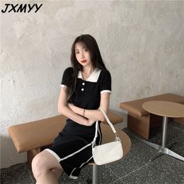 Plus size women's summer Korean version of contrast Colour POLO collar slim slimming short-sleeved fat mm knitted dress 4XL 210412