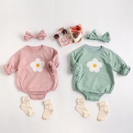 Baby Girl Spring bodysuit With Headband Newborn Kids Girls cute Flower print Jumpsuit Sweet princess clothes 210413