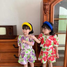 Korean Fresh Flower Girls 2pcs Clothing Outfit for Kids Designer Floral Pattern Fashion Clothes Set Causal Wear 210529