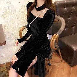 French Vintage Black Dress Women Spring Long Sleeve Slim Evening Party Dress Female Gothic One Piece Dress Koran Winter 210409