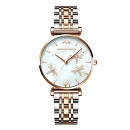 2021 Style Dragonfly Waterproof Steel Bracelet With Japanese Movement Pearl Shell Face Watch For Ladies Leather Straps