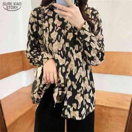 Fashion Turn-down Button Shirts Korean Print Office Lady Blouse Women Leopard Loose Tops Elegant Clothes 8717 50 210506