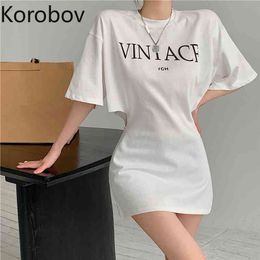 Korobov New Summer Letter Print White Dress Korean Short Sleeve Female Dresses Vintage Sexy Hollow Out Robe Femme 210430